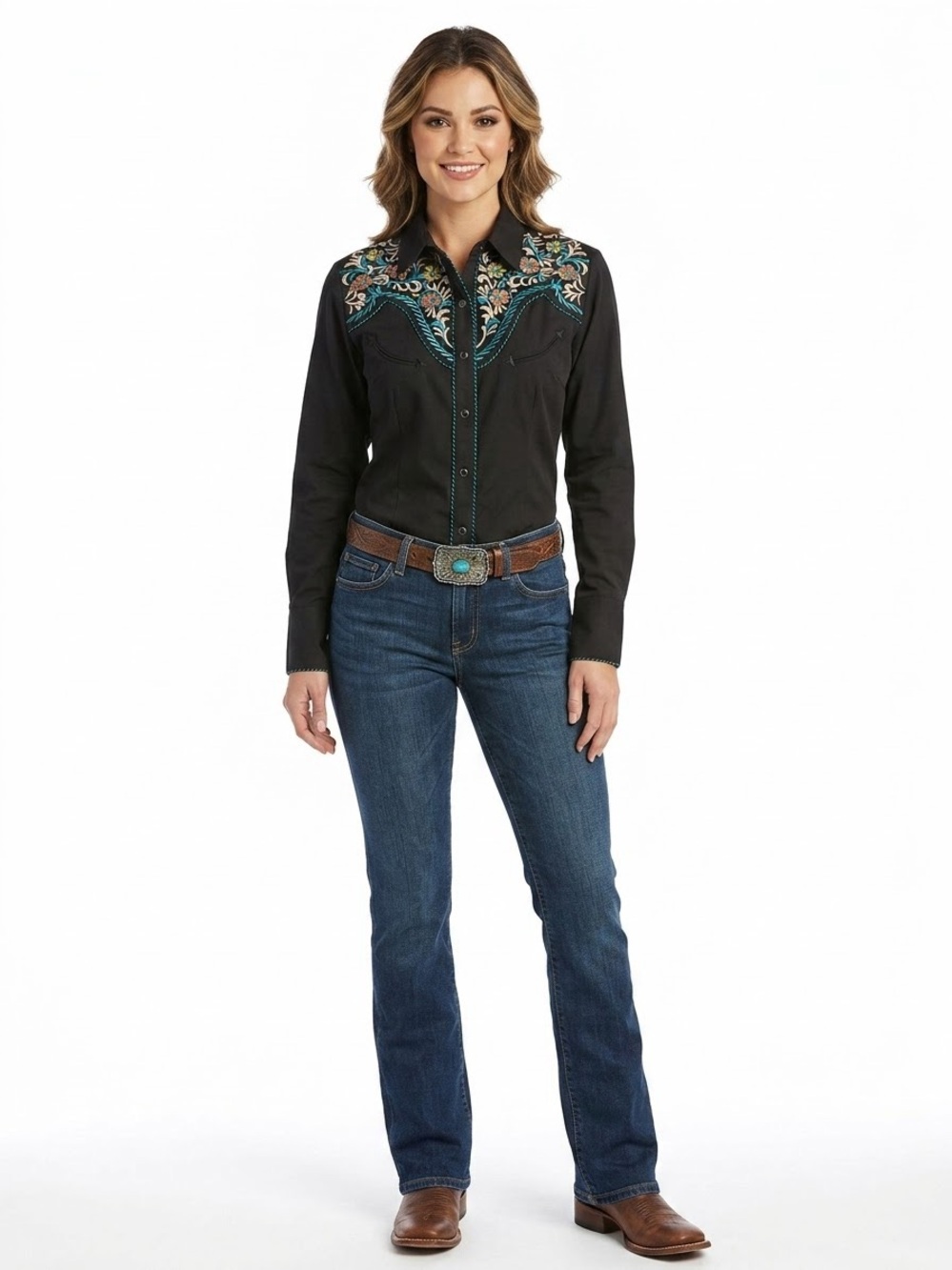 Panhandle Slim Retro Western Black Embroidered Snap Shirt M